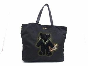 1円 ■美品■ PRADA プラダ テスートナイロン×サフィアーノレザー ベア クマ トートバッグ ハンドバッグ レディース ブラック系 FC0288