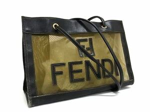 1円 FENDI フェンディ ナイロン×レザー メッシュ トートバッグ ショルダーバッグ レディース メンズ カーキ系×ブラック系 BF7129