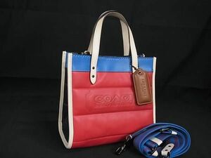 1円 ■新品同様■ COACH コーチ C6852 フィールド トート 22 レザー キルティング 2WAY クロスボディ ハンドバッグ レッド系 AW7109