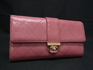 1円 CHANEL シャネル ココマーク マトラッセ レザー 二つ折り 長財布 ウォレット レディース サーモンピンク系 FC4119