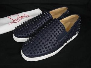 1円 ■美品■ Christian Louboutin ルブタン スパイクスタッズ レザー スリッポン サイズ44 1/2 (約29.5cm) 靴 ネイビー系 FC3684