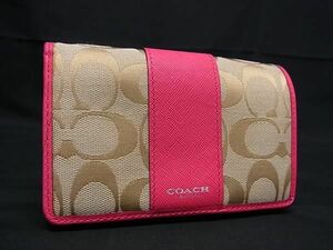 1円 ■極美品■ COACH コーチ シグネチャー キャンバス×レザー ホック 二つ折り 財布 ウォレット 札入れ ベージュ系×ピンク系 AW5583