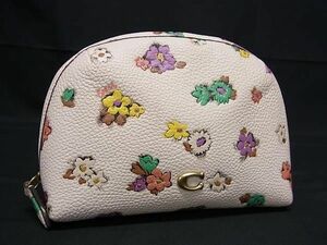 1円 ■美品■ COACH コーチ C3822 レザー フラワー 花柄 メイクポーチ マルチケース 小物入れ アイボリー系×マルチカラー AW6610