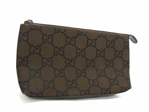 1円 ■極美品■ GUCCI グッチ GGキャンバス×レザー メイクポーチ 化粧ポーチ マルチケース 小物入れ ダークブラウン系 AW5563