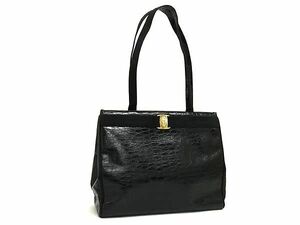 1円 ■美品■ Salvatore Ferragamo フェラガモ BK-21 2530 ヴァラ クロコダイル型押しレザー トートバッグ ショルダー ブラック系 FC2875