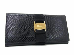 1円 ■美品■ Salvatore Ferragamo フェラガモ ヴァラ リザード型押しレザー 二つ折り 長財布 ウォレット 小銭入れ ブラック系 FC2064