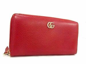 1円 ■美品■ GUCCI グッチ 456117 GGマーモント レザー ラウンドファスナー 長財布 ウォレット レディース メンズ レッド系 AW5930