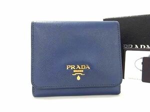 1円 ■美品■ PRADA プラダ 1M0176 サフィアーノレザー 三つ折り 財布 ウォレット 小銭入れ 札入れ ネイビー系 AY0732