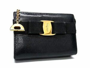 1円 Salvatore Ferragamo フェラガモ 223057 ヴァラリボン リザード型押しレザー ポーチ ケース 小物入れ レディース ブラック系 AY1308