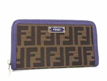 1円 ■美品■ FENDI フェンディ ズッカ柄 ナイロンキャンバス×レザー 長財布 ウォレット 札入れ 小銭入れ ブラウン系×パープル系 AW3561_画像1