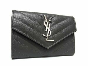 1円 ■極美品■ YVESSAINTLAURENT イヴサンローラン カサンドラ Vステッチ レザー カードケース カード入れ 名刺入れ グレー系 FA3545