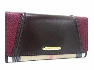 1円 ■極美品■ BURBERRY バーバリー ノバチェック レザー×キャンバス 二つ折り 長財布 ウォレット ブラウン系×ボルドー系 AW5830