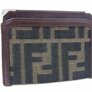 1円 ■美品■ FENDI フェンディ ズッカ柄 ナイロンキャンバス×レザー カードケース カード入れ パスケース 定期入れ ブラウン系 AW5919の画像1