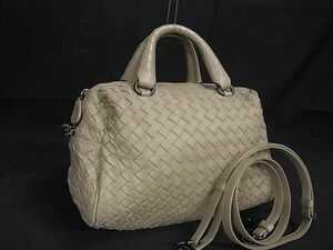 1円 BOTTEGA VENETA ボッテガヴェネタ イントレチャート レザー 2WAY クロスボディ ハンドバッグ ショルダー グレージュ系 AX5440