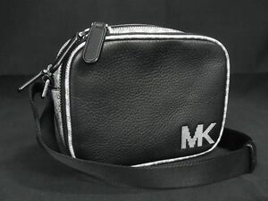 1円 ■極美品■ MICHAEL KORS マイケルコース MK柄 レザー クロスボディ ショルダーバッグ ポシェット ブラック系×シルバー系 AW7092