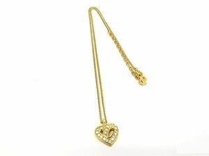 1円 ■極美品■ ChristianDior ディオール ヴィンテージ ラインストーン ハート ネックレス ペンダント アクセサリー ゴールド系 AW6516