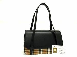 1円 ■美品■ BURBERRY バーバリー レザー×キャンバス ハンドバッグ トートバッグ レディース ブラック系×ベージュ系 FA4014