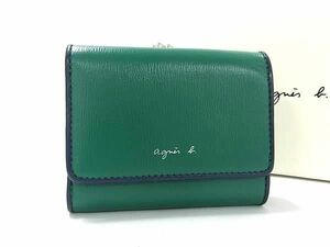 1円 ■極美品■ agnes b. アニエスベー レザー がま口 三つ折り 財布 ウォレット 小銭入れ 札入れ グリーン系×ネイビー系 AS7389