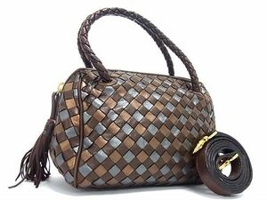 1円 ■美品■ BOTTEGA VENETA ボッテガヴェネタ ヴィンテージ イントレチャート レザー 2WAY ハンドバッグ ショルダー ブラウン系 FA3992