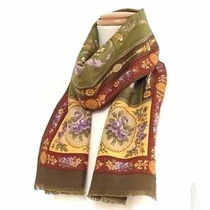 1円 ■極美品■ ETRO エトロ ウール×シルク フラワー 花柄 フリンジ スカーフ ストール レディース グリーン系 BJ1826の画像3