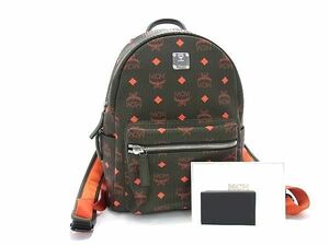 1円 ■美品■ MCM エムシーエム モノグラム ヴィセトス柄 レザー リュックサック バックパック ダークカーキ系×オレンジ系 AW5171