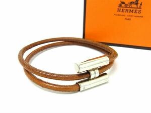 1円 ■美品■ HERMES エルメス トゥルニス レザー シルバー金具2連 ブレスレット アクセサリー レディース メンズ ブラウン系 FC0711