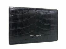 1円 ■極美品■ SAINT LAURENT サンローラン クロコダイル型押しレザー 二つ折り 財布 ウォレット 小銭入れ メンズ ブラック系 AW6564_画像1