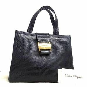 1円 ■極美品■ Salvatore Ferragamo フェラガモ AQ-21 8252 ヴァラ リザード型押しレザー ハンドバッグ レディース ブラック系 AW3677の画像1