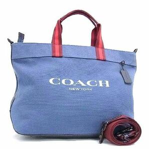 1円 ■新品同様■ COACH コーチ CJ486 キャンバス×レザー 2WAY ハンドバッグ トート ショルダー 斜め掛け ブルー系×ボルドー系 AW7084の画像1