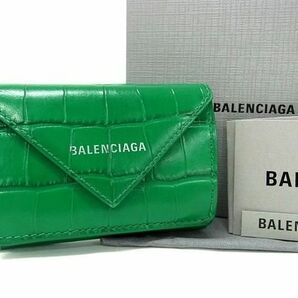 1円 ■美品■ BALENCIAGA バレンシアガ 391446 ペーパーミニ クロコダイル型押しレザー 三つ折り 財布 ウォレット グリーン系 CD1796の画像1