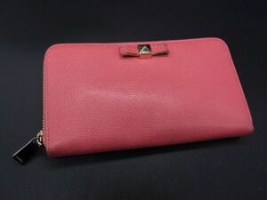 ■美品■ FURLA フルラ レザー リボン スタッズ ラウンドファスナー 長財布 ウォレット 札入れ 小銭入れ ピンク系 DE2113