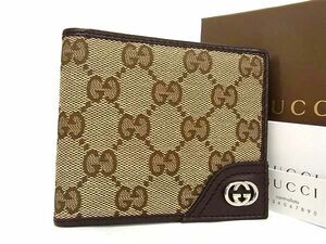 1円 ■極美品■ GUCCI グッチ 181674 3661 GG柄 GGキャンバス×レザー 二つ折り 財布 ウォレット 小銭入れ 札入れ ブラウン系 AW7239