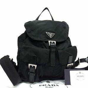 1円 ■極美品■ PRADA プラダ ヴェラ B6677 テスートナイロン×レザー 巾着型 リュックサック バックパック レディース ブラック系 BF7591の画像1