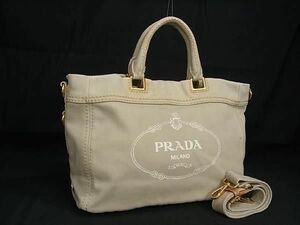 1円 PRADA プラダ キャンバス 2WAY クロスボディ ハンドバッグ トート ショルダー 斜め掛け レディース ライトグレー系 AY1689