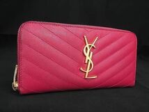 1円 YVESSAINTLAURENT イヴサンローラン カサンドラ Vステッチ レザー ラウンドファスナー 長財布 ウォレット レディース ピンク系 FA2761_画像1