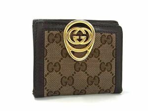 1円 GUCCI グッチ GGキャンバス×レザー 二つ折り 財布 ウォレット 札入れ 小銭入れ カード入れ レディース メンズ ブラウン系 BI1768