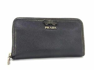 1円 ■美品■ PRADA プラダ サフィアーノレザー リボン ラウンドファスナー 長財布 ウォレット レディース ブラック系 BJ2651