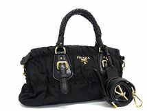 1円 ■美品■ PRADA プラダ テスートナイロン×レザー 2WAY ハンドバッグ トート ショルダーバッグ 肩掛け レディース ブラック系 AY1679_画像1