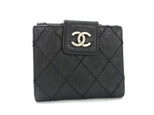 1円 CHANEL シャネル ココマーク マトラッセ ワイルドステッチ キャビアスキン Wホック 二つ折り 財布 ウォレット ブラック系 AW4157