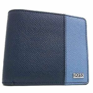 1円 ■美品■ HUGO BOSS ヒューゴボス レザー 二つ折り 財布 ウォレット 札入れ 小銭入れ カード入れ メンズ ネイビー系×ブルー系 FC1075の画像1