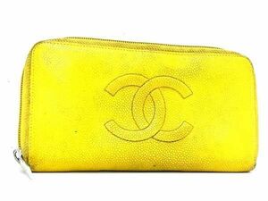 1円 CHANEL シャネル ココマーク キャビアスキン ラウンドファスナー 長財布 ウォレット レディース メンズ イエロー系 FB0245