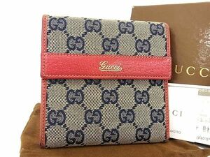 1円 GUCCI グッチ GG柄 GGキャンバス×レザー 二つ折り 財布 ウォレット 札入れ カード入れ レディース ネイビー系×レッド系 BJ1822