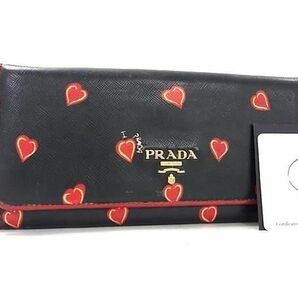 1円 PRADA プラダ 1M1132 サフィアーノレザー ハート柄 二つ折り 長財布 ウォレット 小銭入れ レディース ブラック系×レッド系 FB0273の画像1