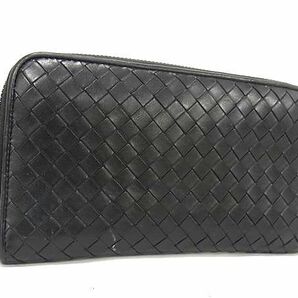 1円 ■美品■ BOTTEGA VENETA ボッテガヴェネタ イントレチャート レザー ラウンドファスナー 長財布 ウォレット ブラック系 AW4886の画像1