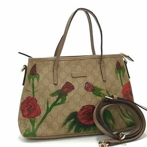 1円 GUCCI グッチ 353440 200047 GG柄 PVC×レザー フラワー 2WAY トートバッグ ショルダーバッグ 斜め掛けかばん ブラウン系 BJ2848の画像1