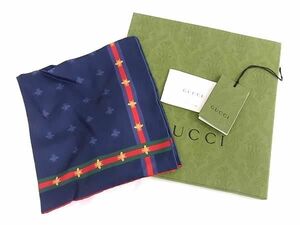 ■新品■未使用■ GUCCI グッチ ビー シルク100% スカーフ ハンカチーフ メンズ レディース ネイビー系×レッド系 FC0092