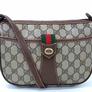 1円 GUCCI オールドグッチ 89.02.032 ヴィンテージ シェリーライン PVC×レザー クロスボディ ショルダーバッグ ブラウン系 DA9122の画像1