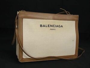 1円 ■美品■ BALENCIAGA バレンシアガ ネイビーポシェット キャンバス×レザー ショルダーバッグ アイボリー系×ブラウン系 FC2532