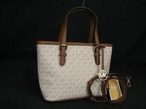 1 jpy # ultimate beautiful goods # MICHAEL KORS Michael Kors MK pattern PVC× leather 2WAY handbag tote bag shoulder eggshell white series × brown group AY1865