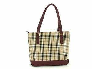 1円 ■美品■ BURBERRY バーバリー ノバチェック キャンバス×レザー トートバッグ ショルダー 肩掛け ベージュ系×レッド系 AW8614